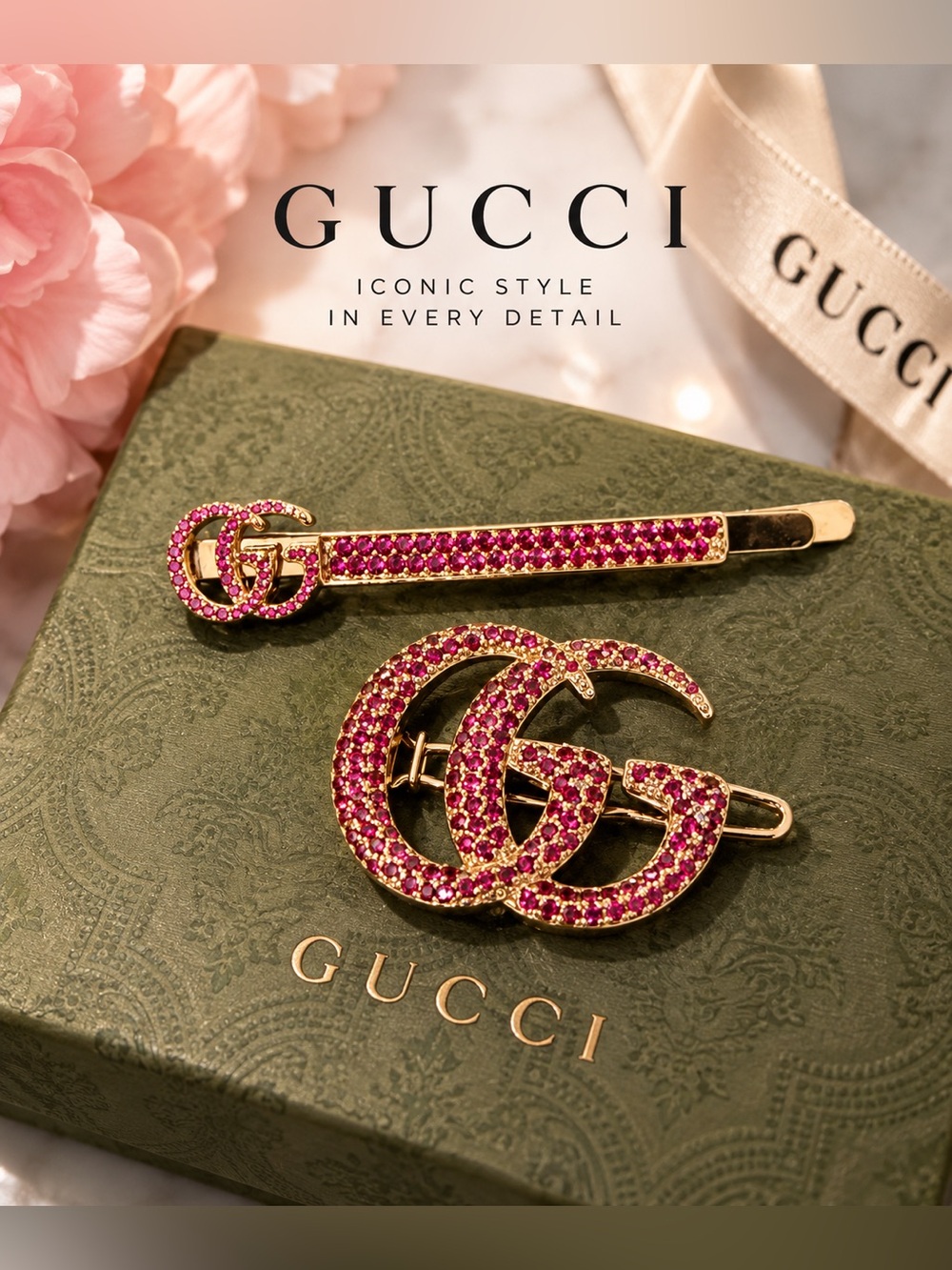 Gucci Gold-Tone Hair Clip Set with Pink Crystals